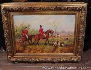 Classic Fox Hunting Scene Oil Painting English Hunt Gilt Frame