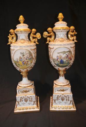 3 ft Dresden Porcelain Pedestal Urns Cherub Vases 3 ft Dresden Porcelain Pedestal Urns Cherub Vases