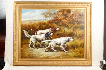 English Oil Landscape Dog Painting Retrievers Signed R Horton English Oil Landscape Dog Painting Retrievers Signed R Horton
