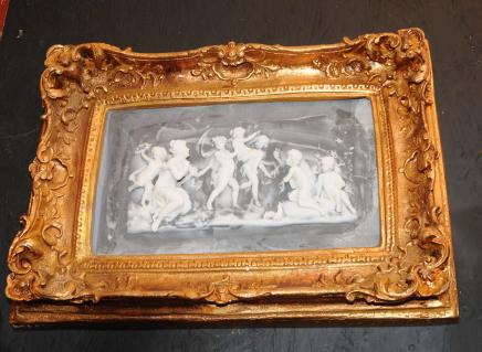 Italian Alabaster Gilt Cherub Bacchus Plaque Italian Alabaster Gilt Cherub Bacchus Plaque