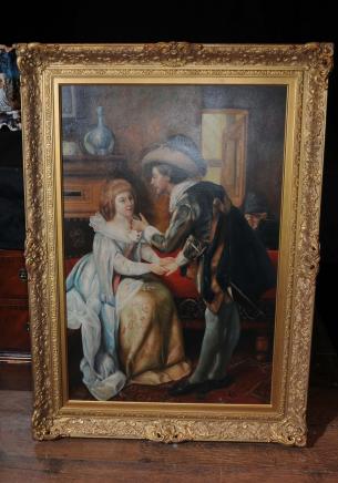 Large Dutch Oil Painting Romantic Couple Portrait Gilt Frame Large Dutch Oil Painting Romantic Couple Portrait Gilt Frame