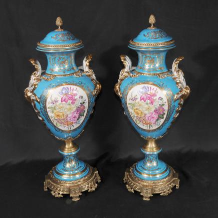 Pair Dresden Porcelain Lidded Urns Hand Painted Vases Pair Dresden Porcelain Lidded Urns Hand Painted Vases