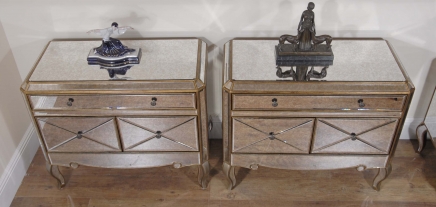 Pair Funky Art Deco Mirrored Bedside Chest Drawers Tables