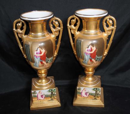 Pair Gold Dresden German Porcelain Roman Urns Vases Pair Gold Dresden German Porcelain Roman Urns Vases