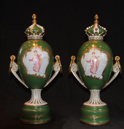 Pair Porcelain Maiden Crown Urns Vases Dresden Pair Porcelain Maiden Crown Urns Vases Dresden