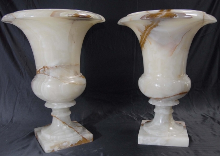 PAIR ITALIAN ONYX CAMPANA URNS MARBLE STONE URN PAIR ITALIAN ONYX CAMPANA URNS MARBLE STONE URN