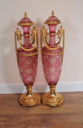 Pair French XL Amphora Glass Urns Vases Ormolu Pair French XL Amphora Glass Urns Vases Ormolu