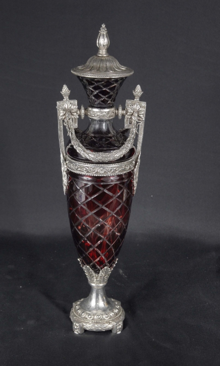 SINGLE FRENCH CUT GLASS & SILVERPLATE CLASSICAL URN SINGLE FRENCH CUT GLASS & SILVERPLATE CLASSICAL URN