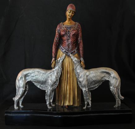 Chiparus Art Deco Bronze Figurine Borzoi Dogs Statue French Chiparus Art Deco Bronze Figurine Borzoi Dogs Statue French