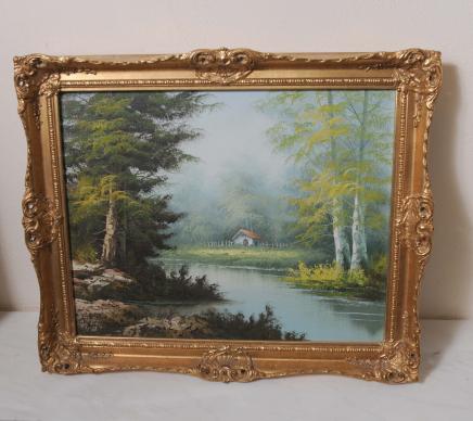 English Victorian Oil Painting Pastoral Landscape River Gilt Frame English Victorian Oil Painting Pastoral Landscape River Gilt Frame