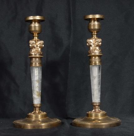 Pair French Empire Rock Crystal Pharo Candlesticks Candle Pair French Empire Rock Crystal Pharo Candlesticks Candle