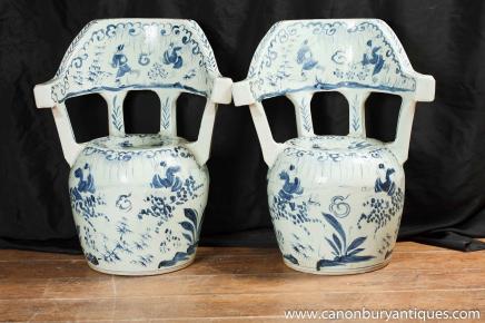 Pair Chinese Nanking Porcelain Chairs Pottery Blue White Ceramic Pair Chinese Nanking Porcelain Chairs Pottery Blue White Ceramic