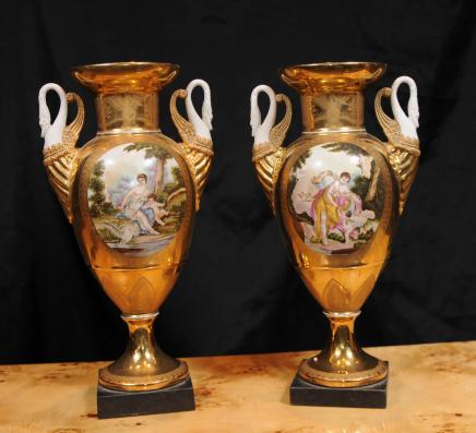 Pair Sevres French Bisque Porcelain Swan Hand Painted Vases Urns Pair Sevres French Bisque Porcelain Swan Hand Painted Vases Urns