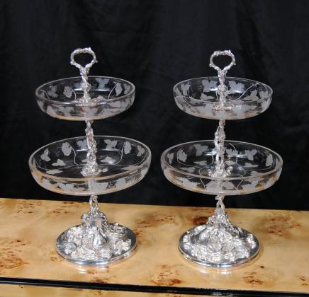 Paar Sheffield Silver Plate Cut Glass Cake Stands Plates Server Paar Sheffield Silver Plate Cut Glass Cake Stands Plates Server
