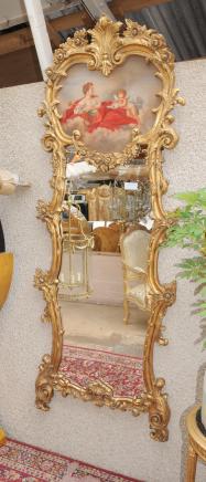 Tall French Rococo Pier Mirror Painted Cherub Panel