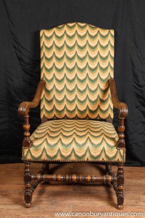 Antique French Walnut Arm Chair Fauteil Chairs 1920 Woven Fabric