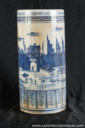 Chinese Blue White Kangxi Porcelain Umbrella Stand Hand Painted