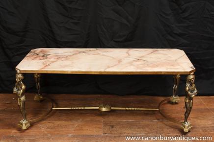 French Empire Ormolu Atlas Coffee Table Marble Top Cocktail Tables