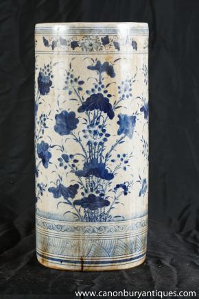 Nanking Pottery Umbrella Stand Vase Blue White Chinese Pottery