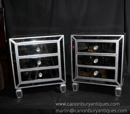 Pair Deco Mirrored Bedside Chests Nightstands Mirrors Furniture