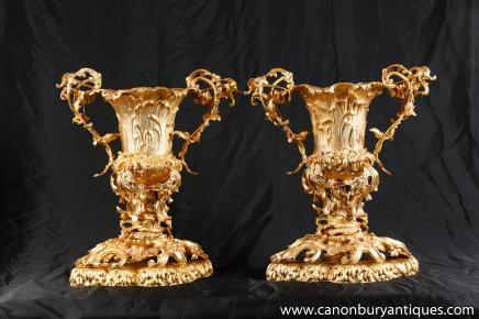 Pair Louis XV Ormolu Vases Urns Rococo Trophy
