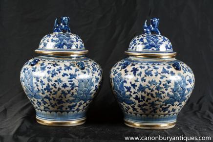 Pair Nanking Pottery Lidded Urns Vases Ginger Jar China Porcelain