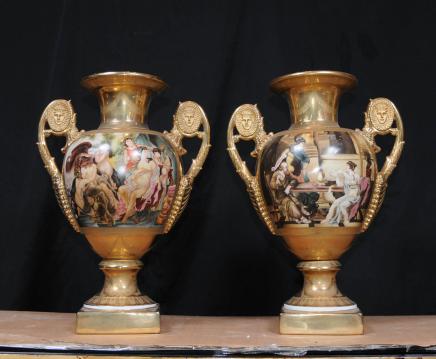 Pair Sevres Amphora Vases French Porcelain Urns