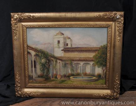 Antique spanischen Ölgemälde Granada maurischen Innenhof Unterzeichnet Alberto