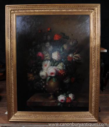 Large Victorian Floral Ölgemälde Stillleben Gilt Frame