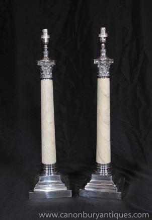 Paar Regency Tischleuchten korinthischen Säulen Silver Plate Porzellan Lichter