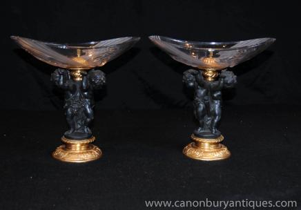 Pair French Bronze Cherub Bowls Putti Dish 