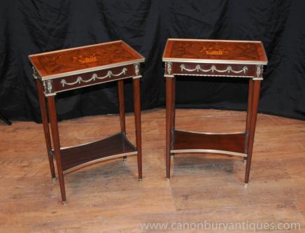 Pair French Empire Inlay Side Cocktail Tables 