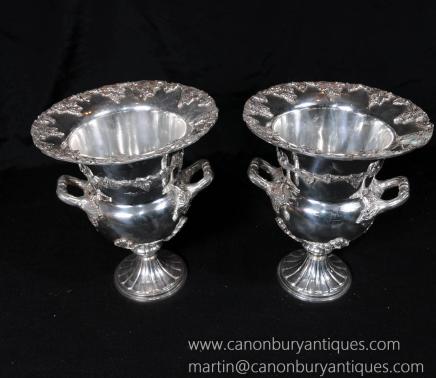 Pair viktorianischen Sheffield Silver Plate Wein Champagne Urnen Cooler Campana Pair viktorianischen Sheffield Silver Plate Wein Champagne Urnen Cooler Campana