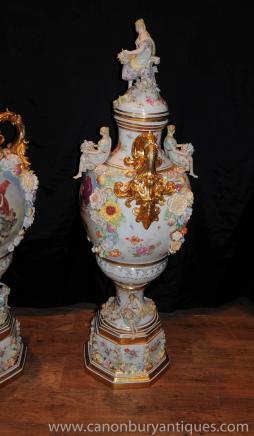 XL German Meissen Porcelain Encrusted Vases Maiden Urns 