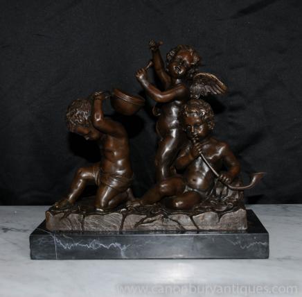 Francese Bronzo Casting Trio Cherubini Cherubino Putti Firmato Nick Statua