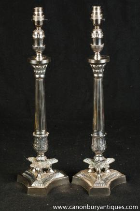 Pair Regency Silver Plate Column Table Lamps Lights