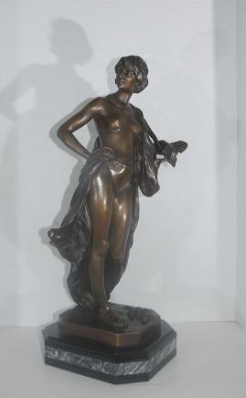 French Bronze Semi Nude Figurine Mandolin Player Signed