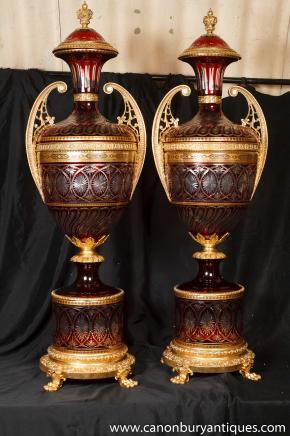 Pair Big Louis XV Crystal Glass Urns Vases Ormolu Mounts
