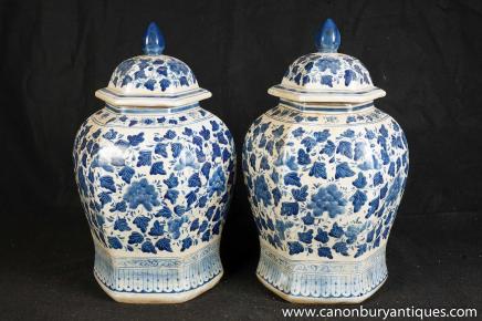 Pair Chinese Nanking Ginger Urns Jars Vases Blue White Porcelain Pair Chinese Nanking Ginger Urns Jars Vases Blue White Porcelain