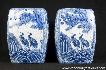 Pair Chinese Nanking Porcelain Garden Seats Blue White Pottery 