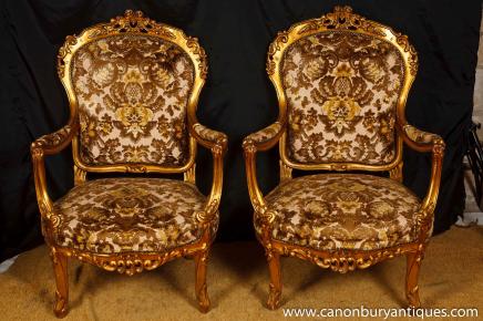 Pair Victorian Gilt Arm Chairs Woven Textile Upholstery Fauteuil