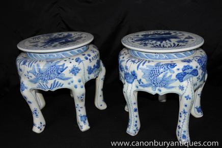 Pair Chinese Nanking Potter Stools Blue White Porcelain 