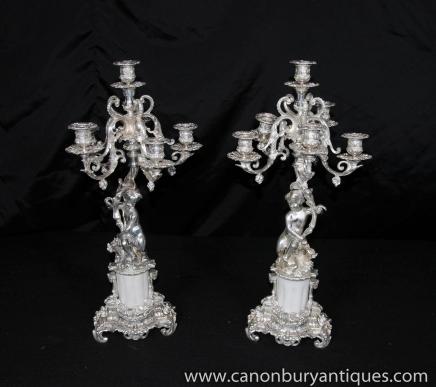 Pair French Empire Candelabras Cherub Silver Plate Candles Silverplate Pair French Empire Candelabras Cherub Silver Plate Candles Silverplate