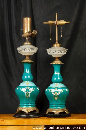Antique Französisch Nouveau Tischleuchten Porzellan Cut Glass Lichter 1910