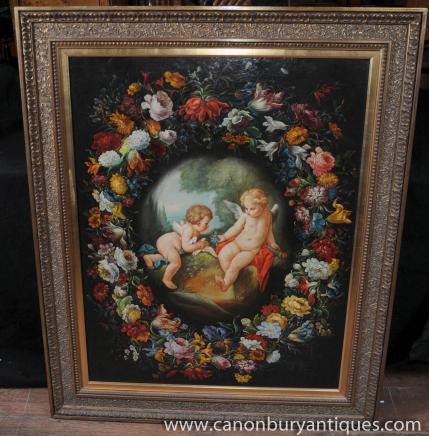 Italienne Peinture à l'huile florale Cherub Portait cadre dore
