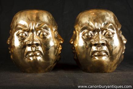 Pair Bronze Buddha-Kopf Statuen Buddhismus Buddhist