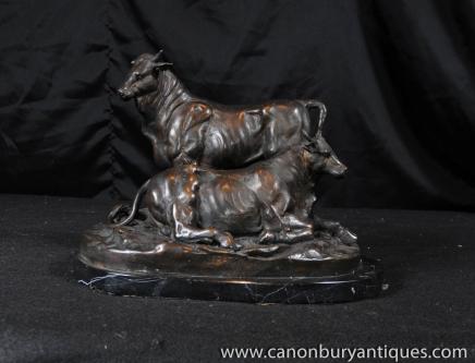 Pair Bronze Bulls Signed Fratin Französisch Casting Statue Kuh Tiere
