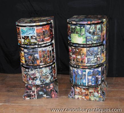Pair Deco Comic Print Nachttische Nachttische Kommoden
