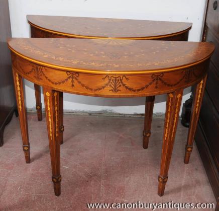 Pair Englisch Adams Regency Console Tables Demi Lune Inlay
