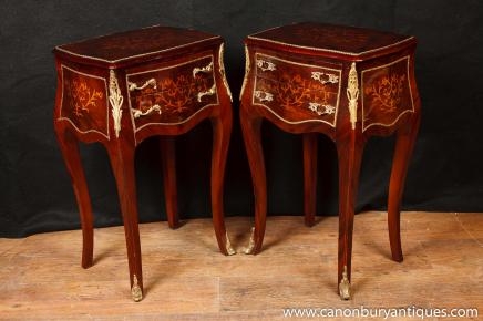 Pair Louis XV Inlay Kommoden Nachttisch Kommoden Tische Bombe